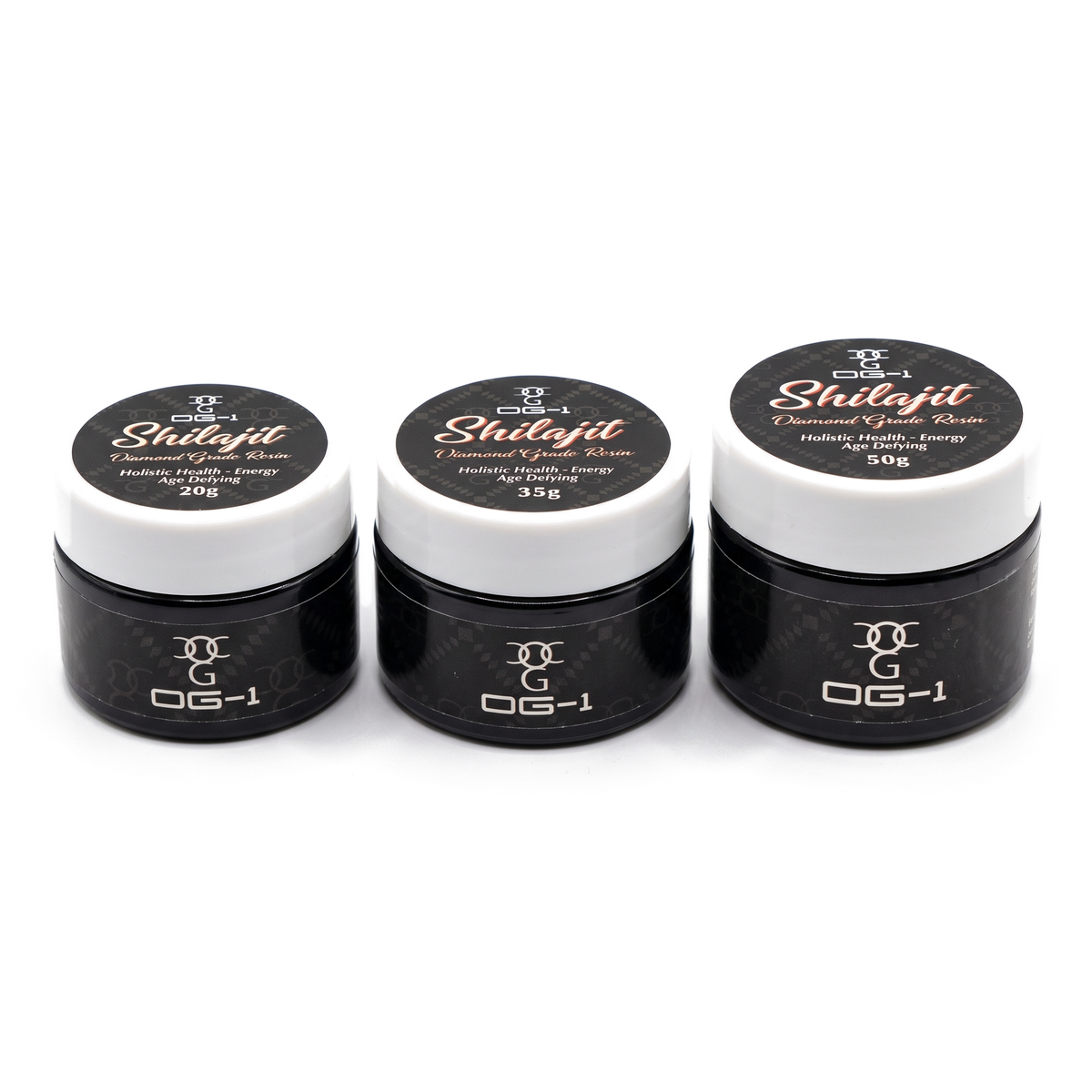 OG-1 Shilajit Diamond Grade Resin black jars in 20g, 35g and 50g