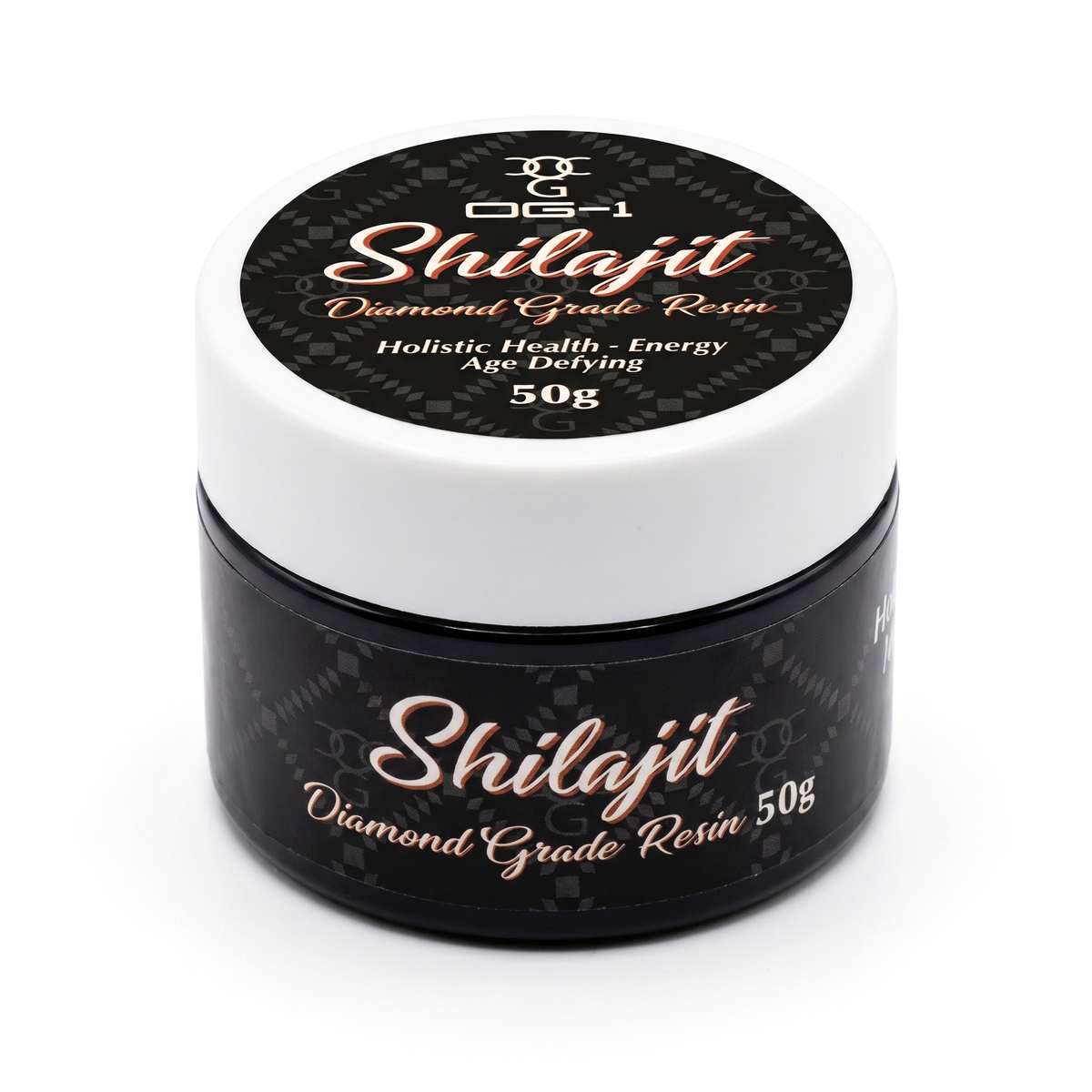 OG-1 Shilajit Diamond Grade Resin 50g black jar with white lid, three-quarter view
