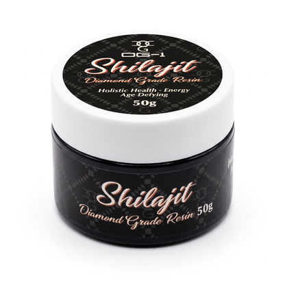 OG-1 Shilajit Diamond Grade Resin 50g black jar with white lid, three-quarter view
