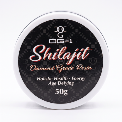 OG-1 Shilajit Diamond Grade Resin 50g lid label, top view