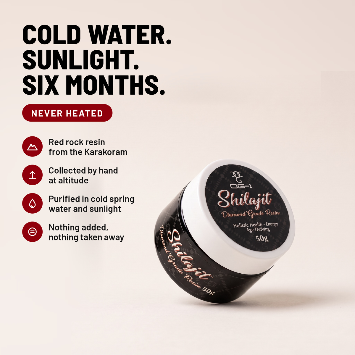 Cold water, sunlight, six months: OG-1 shilajit resin is never heated