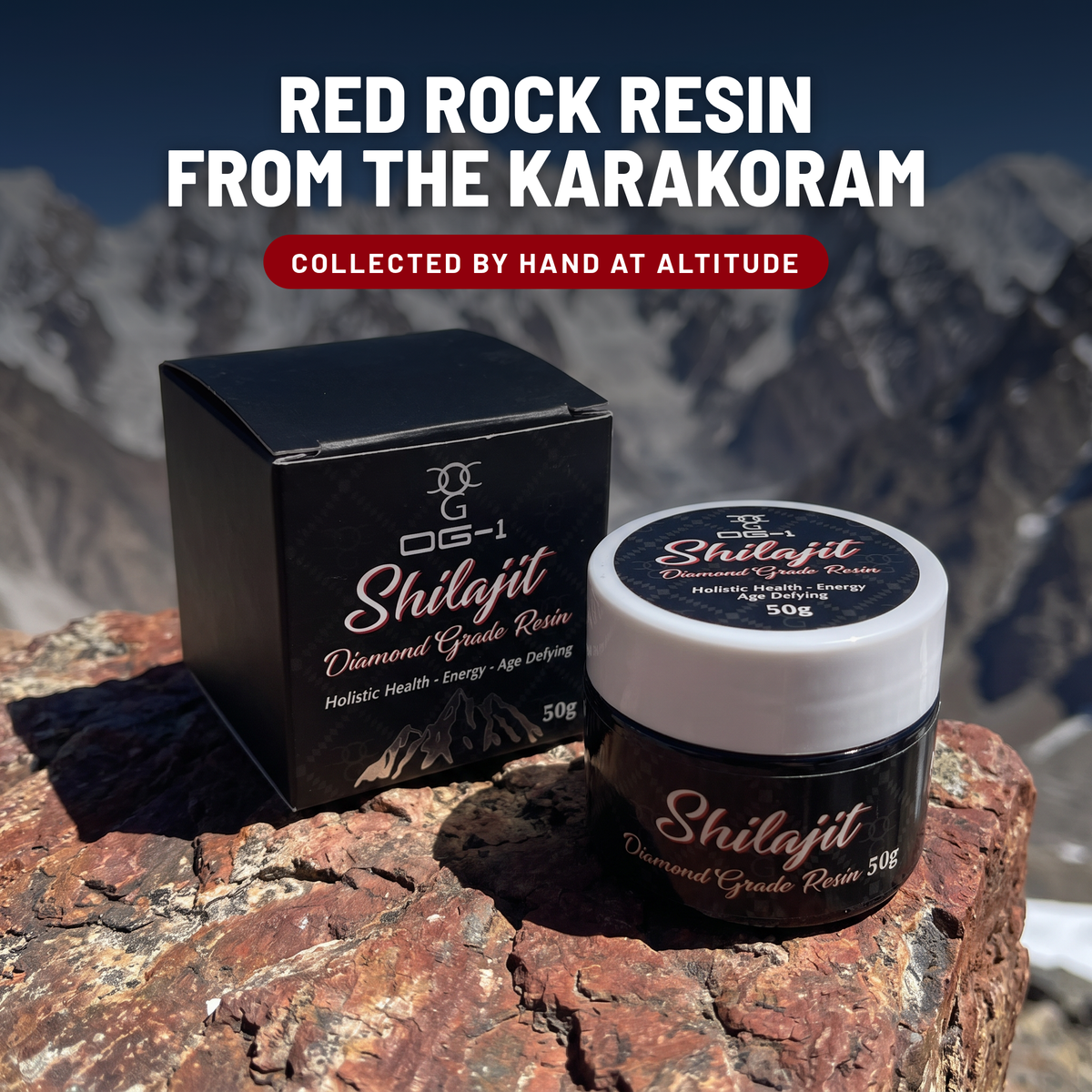 Red rock resin from the Karakoram: OG-1 black jar and box on mountain rock