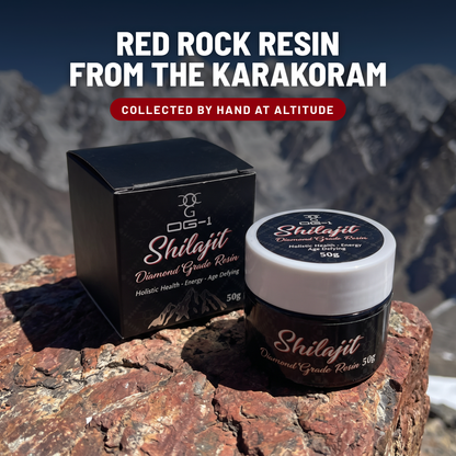Red rock resin from the Karakoram: OG-1 black jar and box on mountain rock